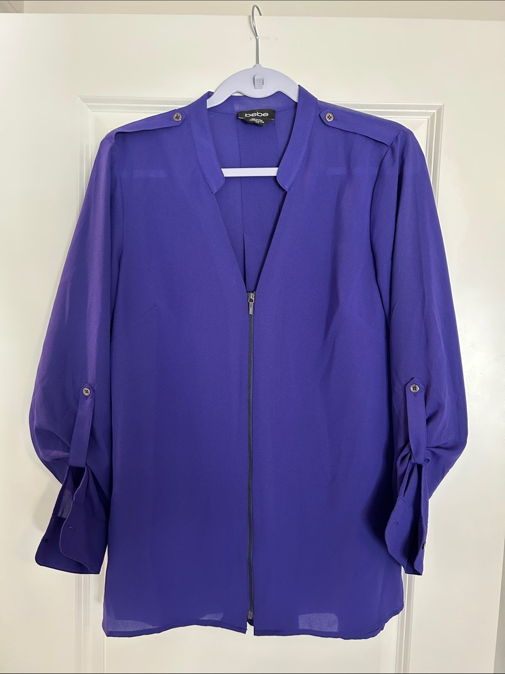 bebe Purple Long-Sleeve Zip Front Blouse
